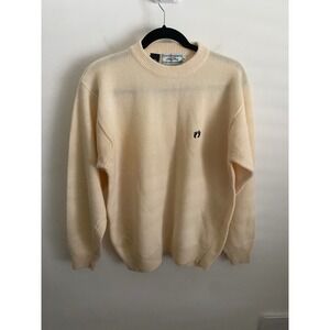 Vintage Hang Ten Mens Cream 100% Lambswool Crewneck Sweater Embroidered Logo L